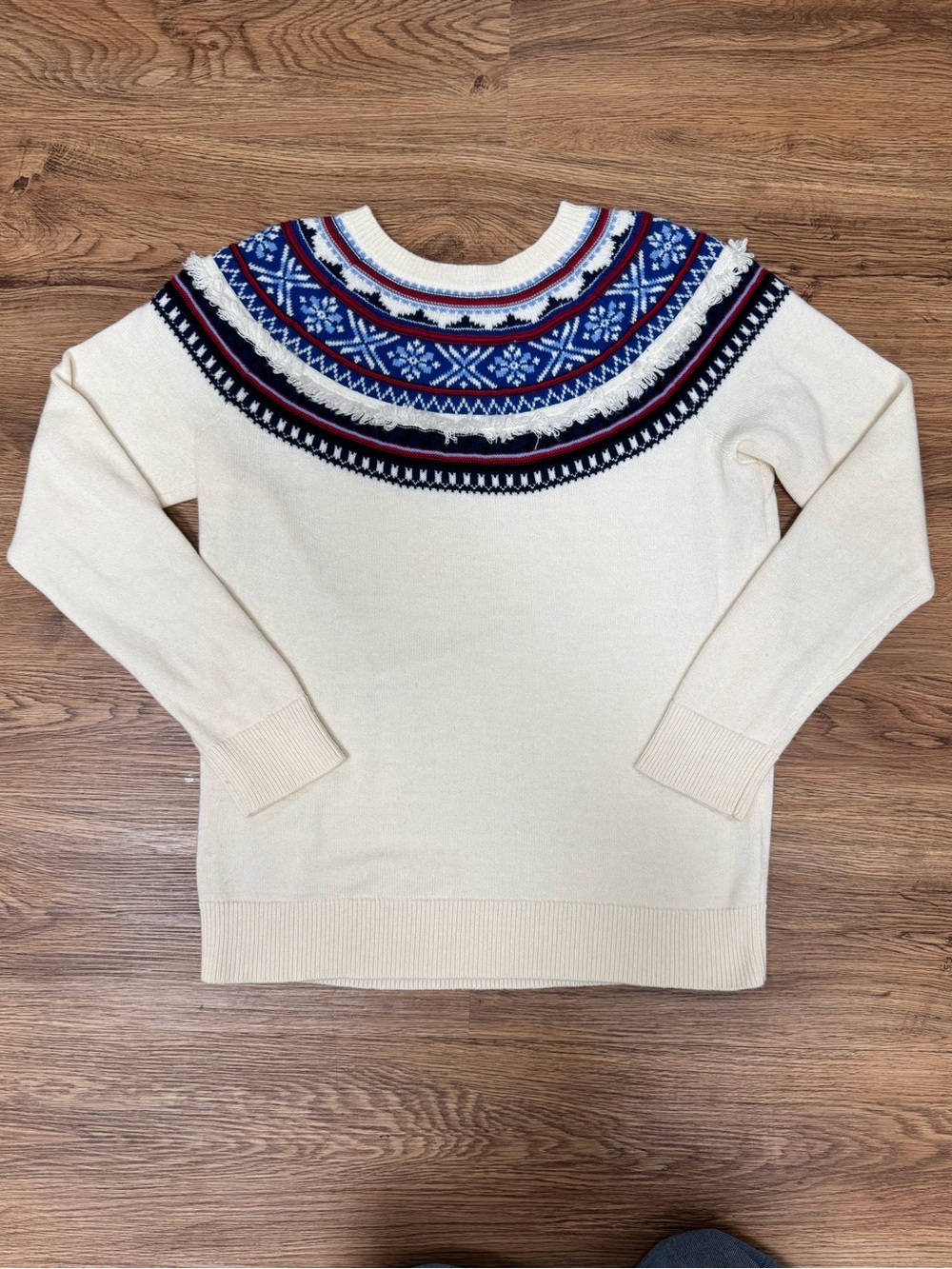 Talbots Cream Crewneck Sweater with Blue Fair Isle Yoke